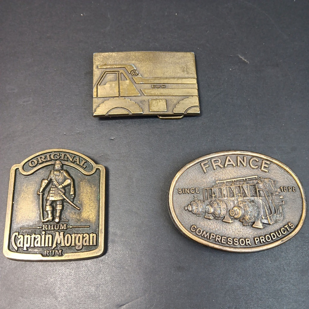 Lot Of 3 Vintage Belt Buckles, EUC France Compressor Products Captain Morgan